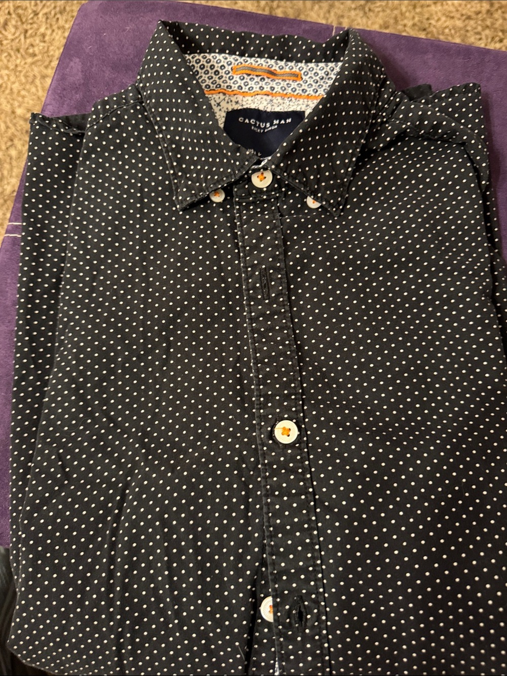 Cactus Man Men’Black Button-Down S/S Shirt with White Microdot Print Size Large